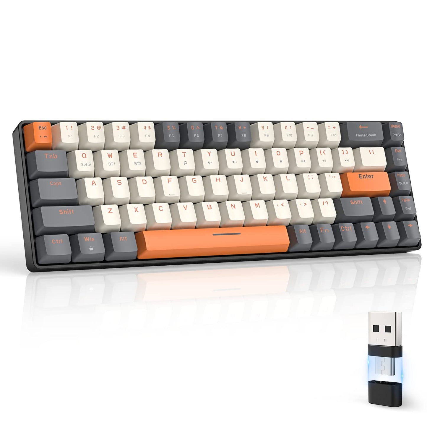 K68 Kabellose Mechanische Gaming-Tastatur, Dual-Mode 2.4 GHz Wireless/Bluetooth 5.0, 60% Prozent Tastatur Hot-Swap-fähig Roter mit 2-in-1-Empfänger für PC/Mac/Smartphone