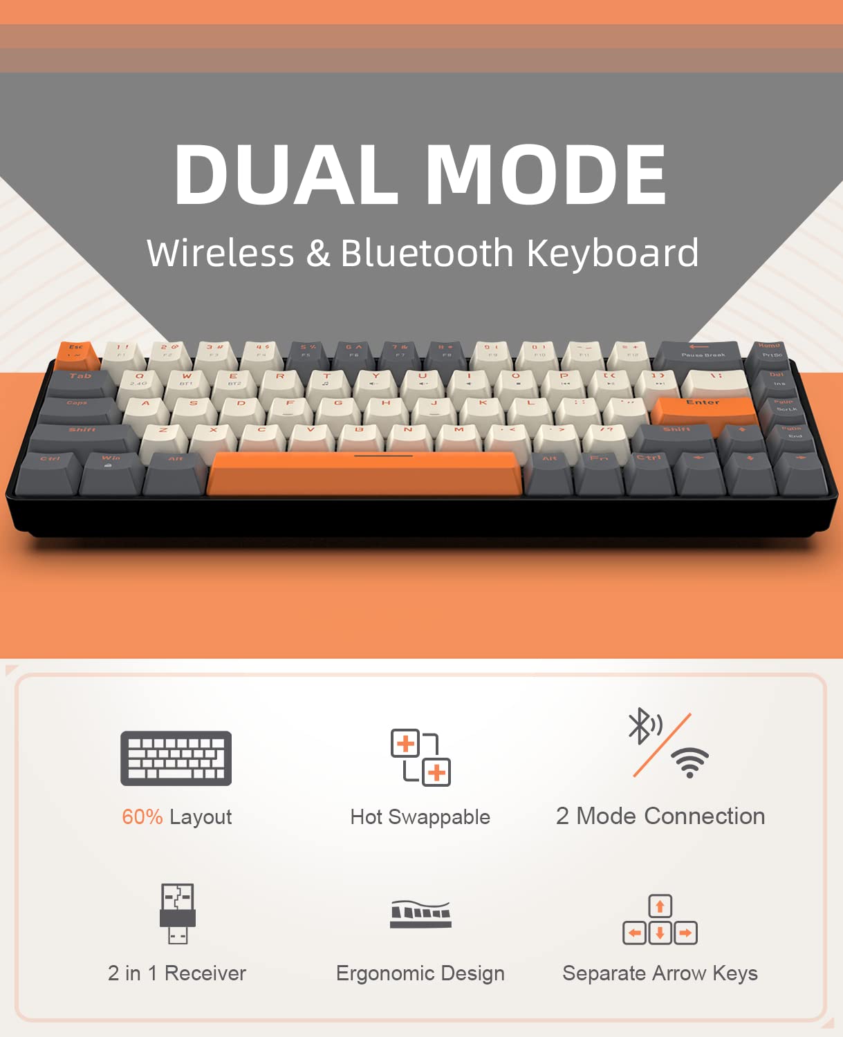 K68 Kabellose Mechanische Gaming-Tastatur, Dual-Mode 2.4 GHz Wireless/Bluetooth 5.0, 60% Prozent Tastatur Hot-Swap-fähig Roter mit 2-in-1-Empfänger für PC/Mac/Smartphone