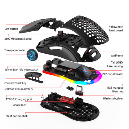 T66 PC Gaming Maus, BT/2.4G Wireless/Wired, Leicht, Macro Program, RGB Light, 650mAh Akku, 3600 DPI