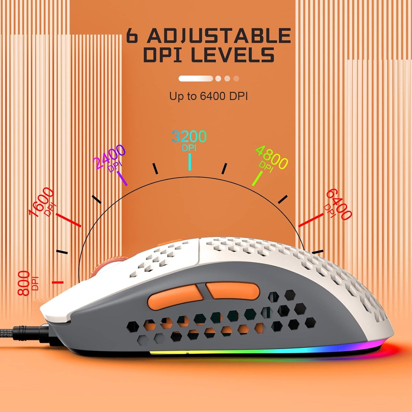 M8 LED PC Gaming Maus, ergonomische, Ultraleicht, 7 programmierbare Tasten 6400 DPI