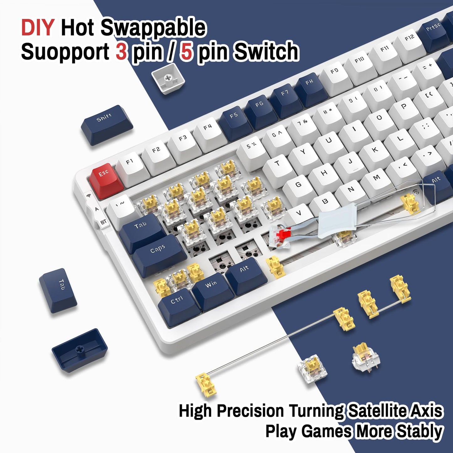ATTACK SHARK K98 100-Tasten Hot-Swappable Mechanische Gaming-Tastatur, Bluetooth/2.4G Wireless/ Wired USB-C, 3000mAh Akku, RGB, Programmierbar Windows/PC/Mac