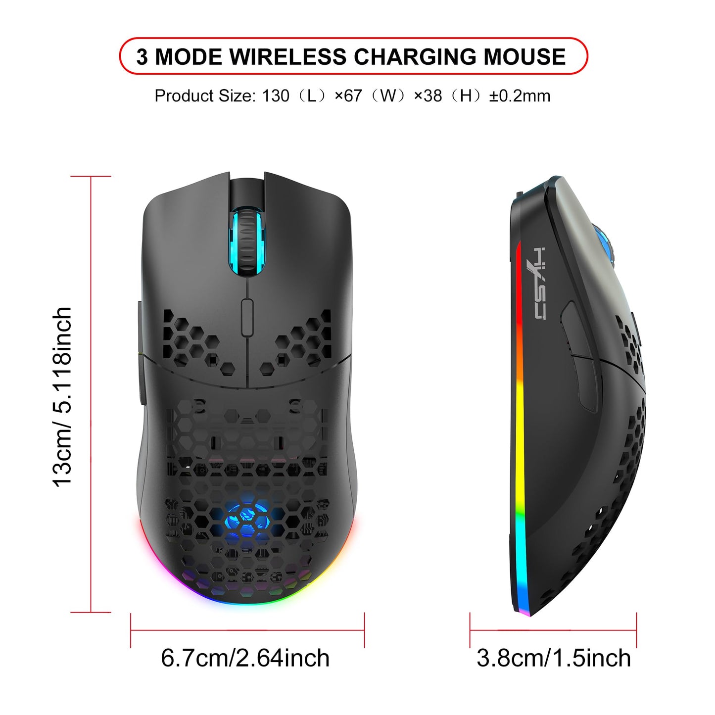 T66 PC Gaming Maus, BT/2.4G Wireless/Wired, Leicht, Macro Program, RGB Light, 650mAh Akku, 3600 DPI