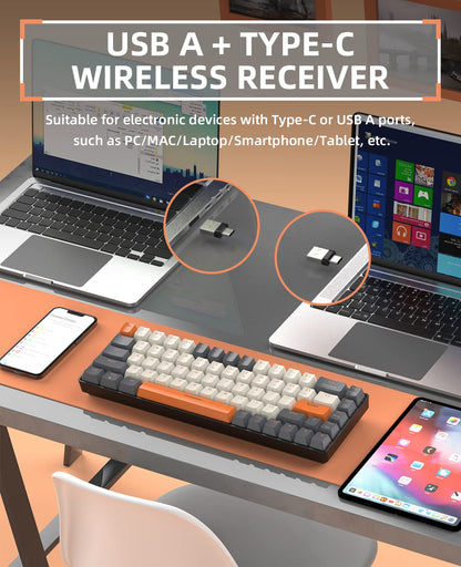 K68 Kabellose Mechanische Gaming-Tastatur, Dual-Mode 2.4 GHz Wireless/Bluetooth 5.0, 60% Prozent Tastatur Hot-Swap-fähig Roter mit 2-in-1-Empfänger für PC/Mac/Smartphone