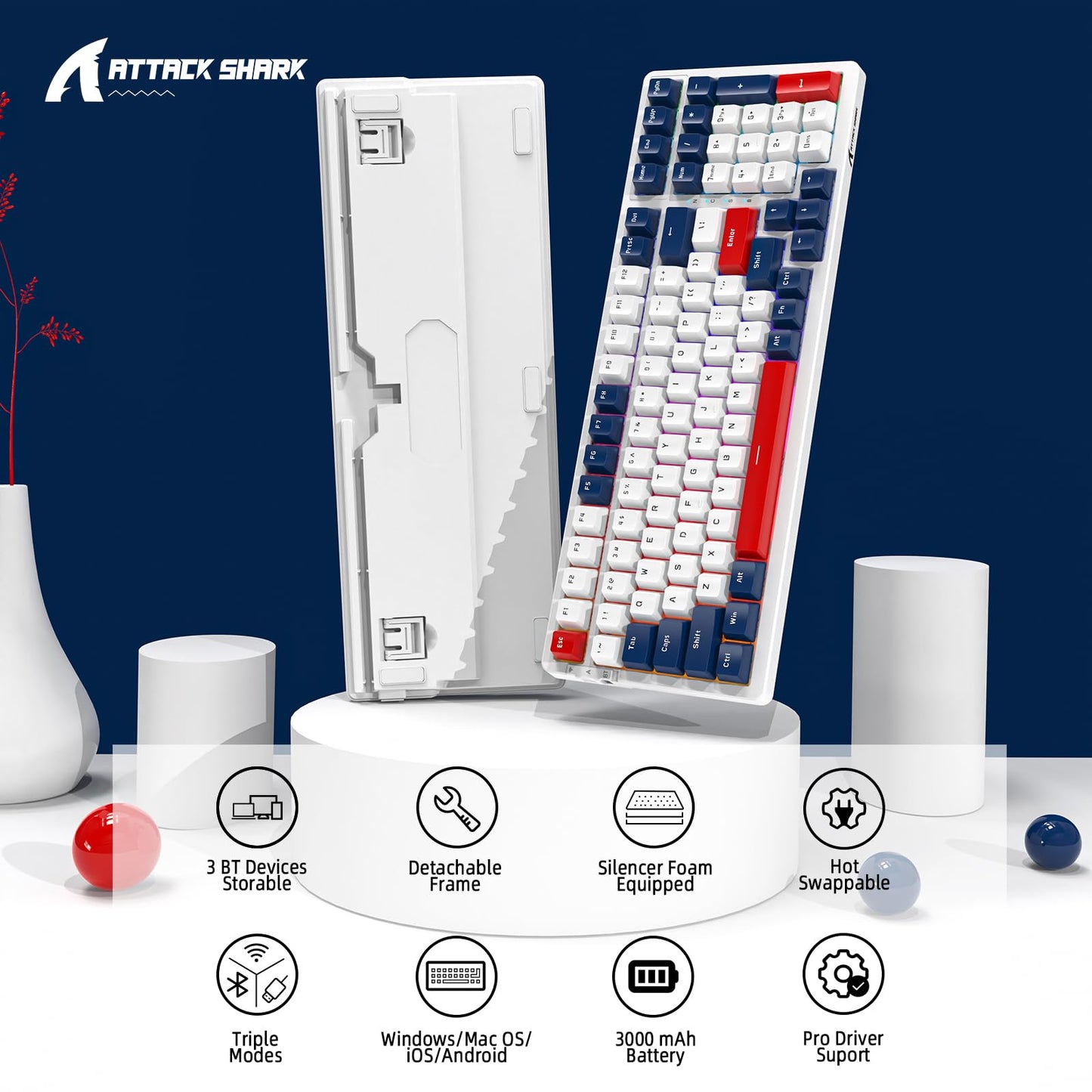 ATTACK SHARK K98 100-Tasten Hot-Swappable Mechanische Gaming-Tastatur, Bluetooth/2.4G Wireless/ Wired USB-C, 3000mAh Akku, RGB, Programmierbar Windows/PC/Mac