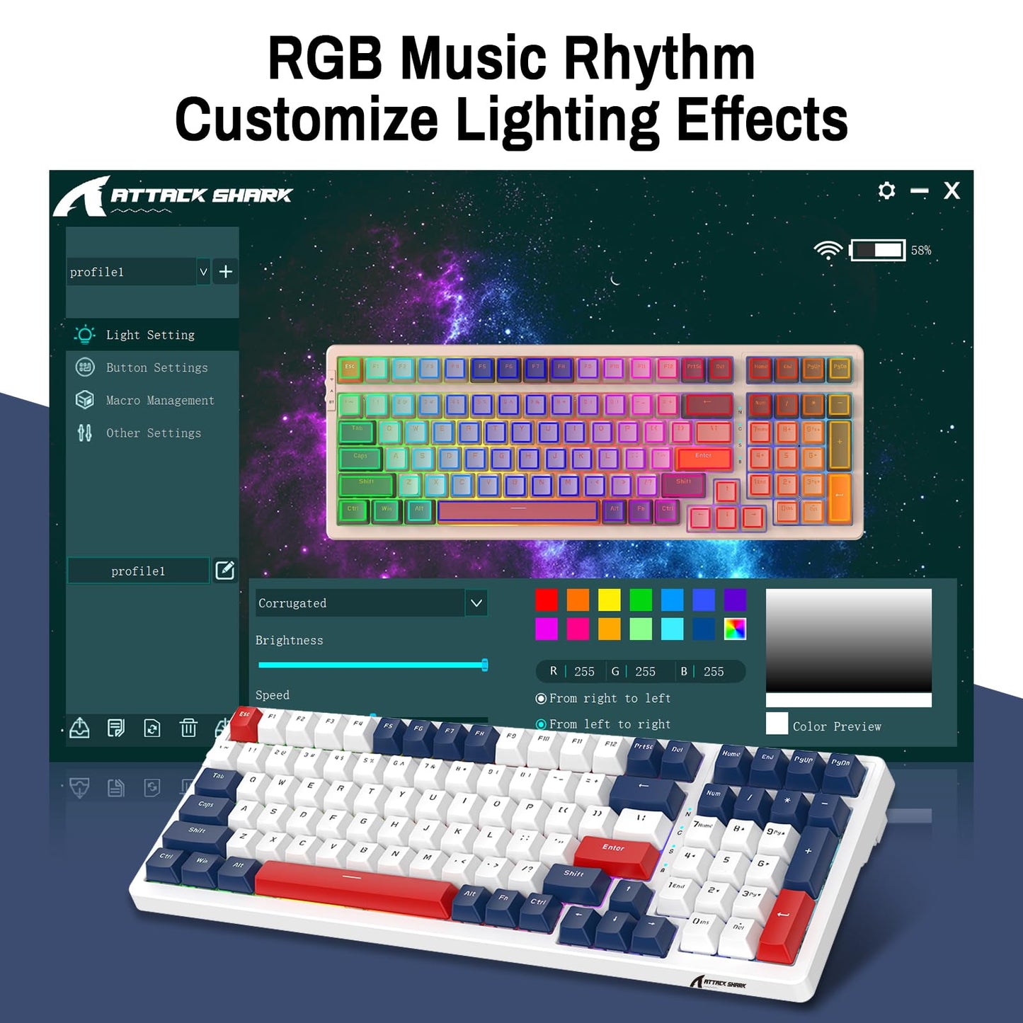 ATTACK SHARK K98 100-Tasten Hot-Swappable Mechanische Gaming-Tastatur, Bluetooth/2.4G Wireless/ Wired USB-C, 3000mAh Akku, RGB, Programmierbar Windows/PC/Mac