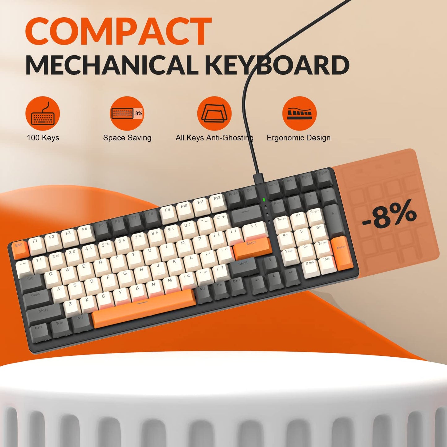 K3 Mechanische PC Gaming-Tastatur, Wired, LED-beleuchtet, Kompakte 100 Tasten Pad
