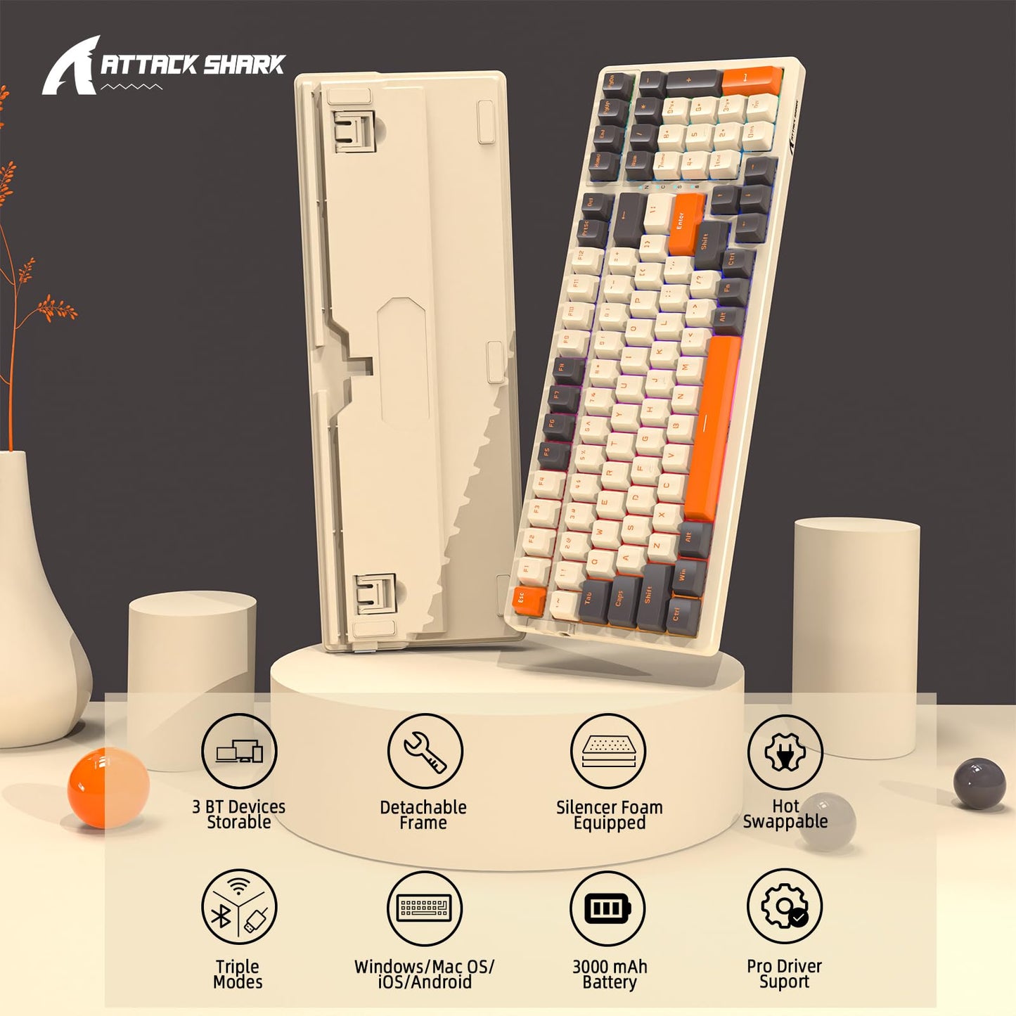 ATTACK SHARK K98 100-Tasten Hot-Swappable Mechanische Gaming-Tastatur, Bluetooth/2.4G Wireless/ Wired USB-C, 3000mAh Akku, RGB, Programmierbar Windows/PC/Mac