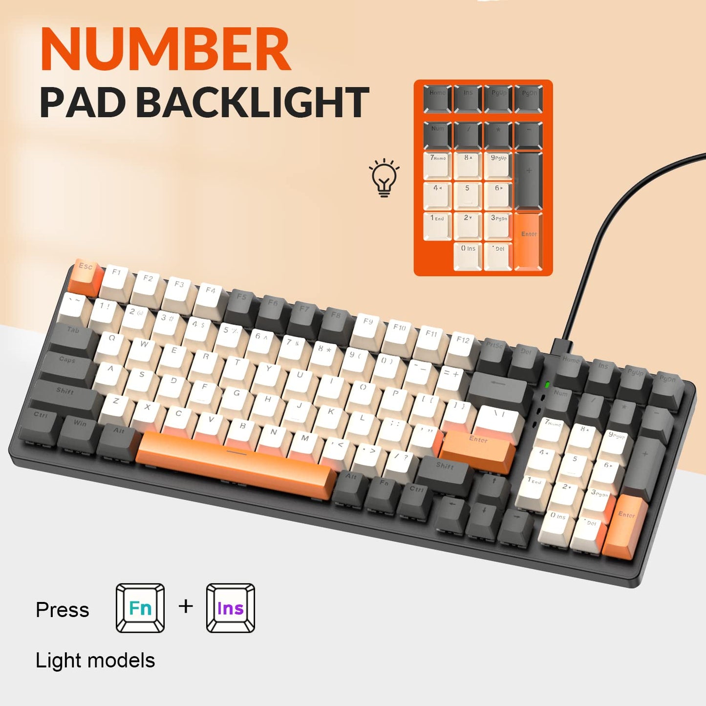 K3 Mechanische PC Gaming-Tastatur, Wired, LED-beleuchtet, Kompakte 100 Tasten Pad