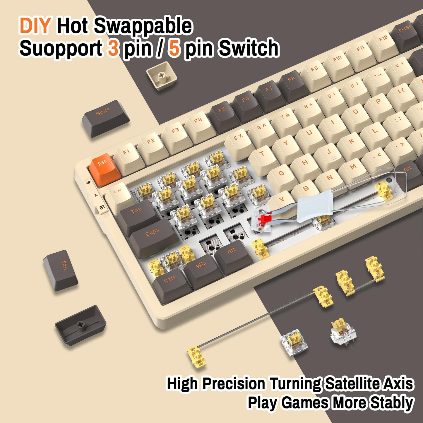 ATTACK SHARK K98 100-Tasten Hot-Swappable Mechanische Gaming-Tastatur, Bluetooth/2.4G Wireless/ Wired USB-C, 3000mAh Akku, RGB, Programmierbar Windows/PC/Mac