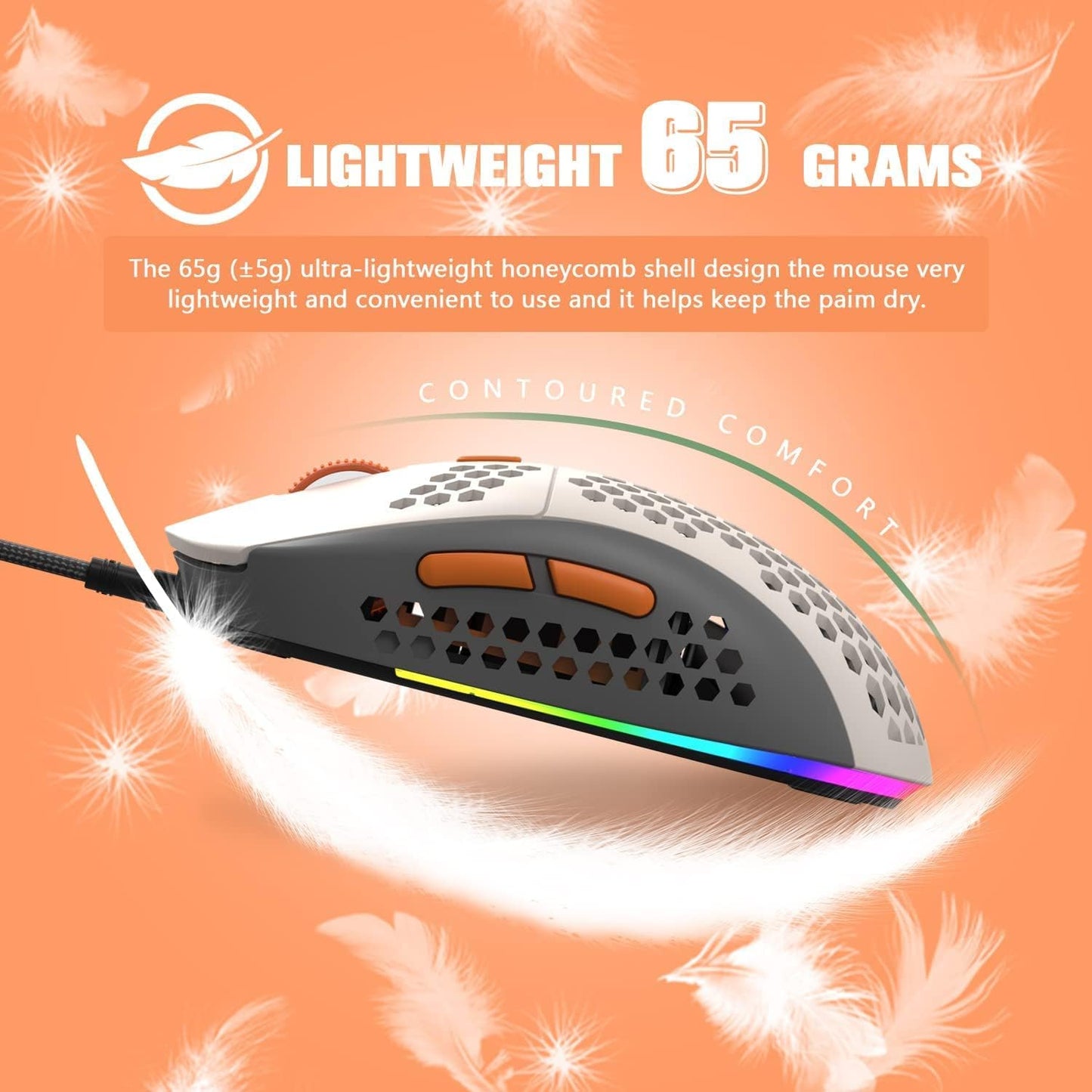 M8 LED PC Gaming Maus, ergonomische, Ultraleicht, 7 programmierbare Tasten 6400 DPI