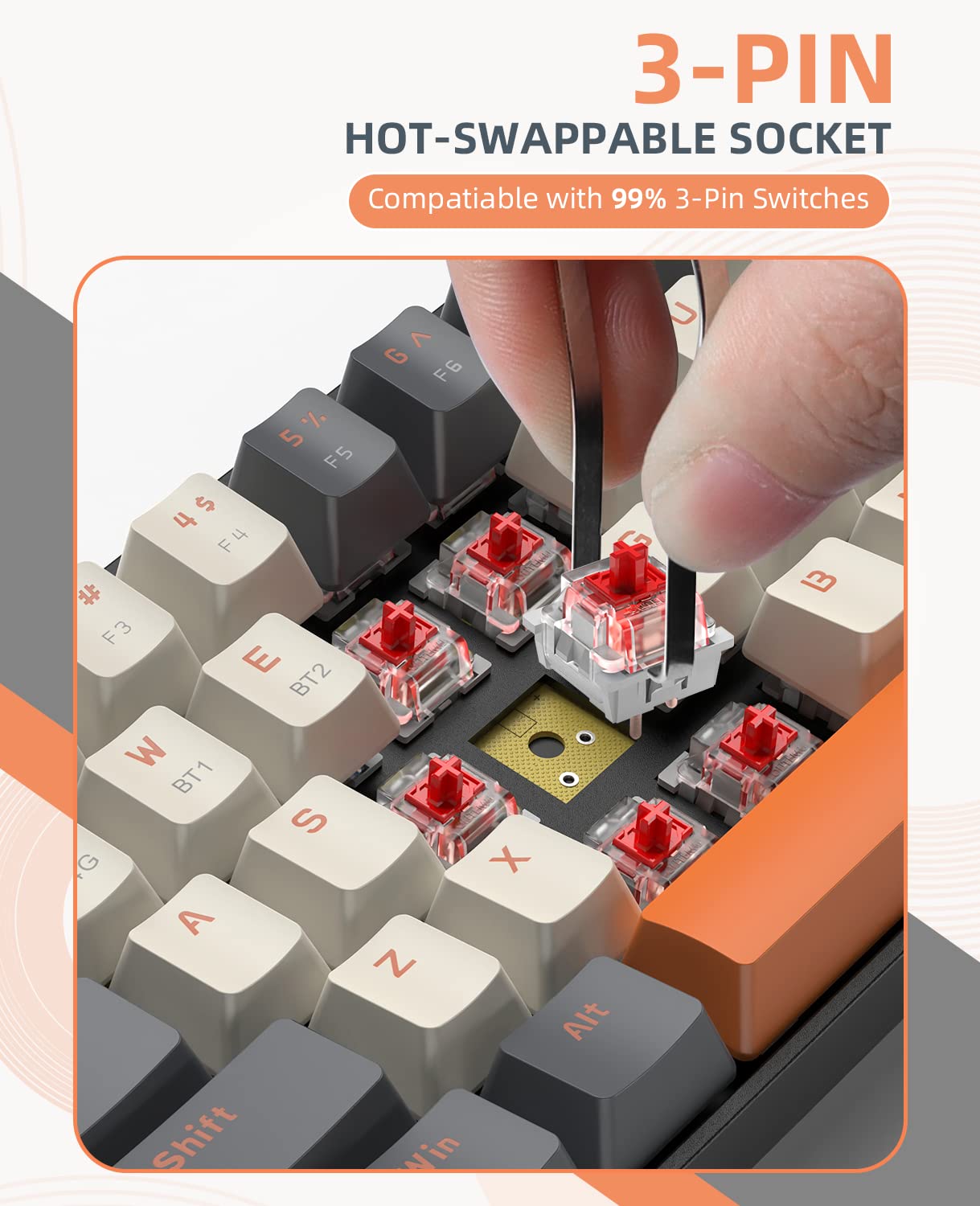 K68 Kabellose Mechanische Gaming-Tastatur, Dual-Mode 2.4 GHz Wireless/Bluetooth 5.0, 60% Prozent Tastatur Hot-Swap-fähig Roter mit 2-in-1-Empfänger für PC/Mac/Smartphone