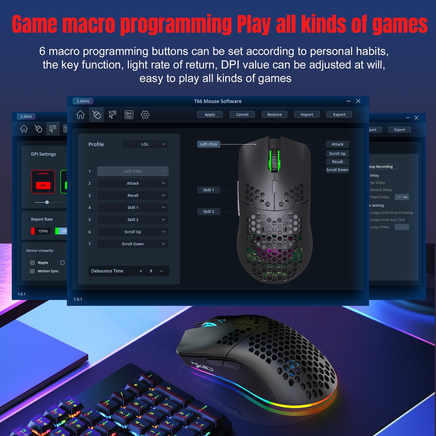 T66 PC Gaming Maus, BT/2.4G Wireless/Wired, Leicht, Macro Program, RGB Light, 650mAh Akku, 3600 DPI