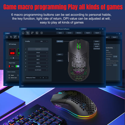 T66 PC Gaming Maus, BT/2.4G Wireless/Wired, Leicht, Macro Program, RGB Light, 650mAh Akku, 3600 DPI