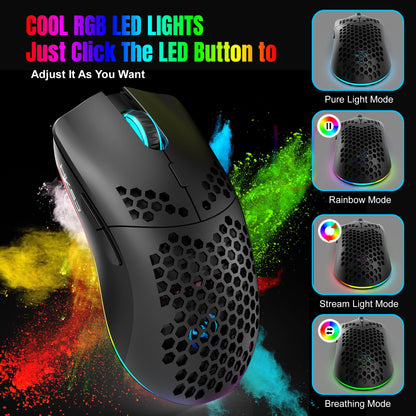 T66 PC Gaming Maus, BT/2.4G Wireless/Wired, Leicht, Macro Program, RGB Light, 650mAh Akku, 3600 DPI