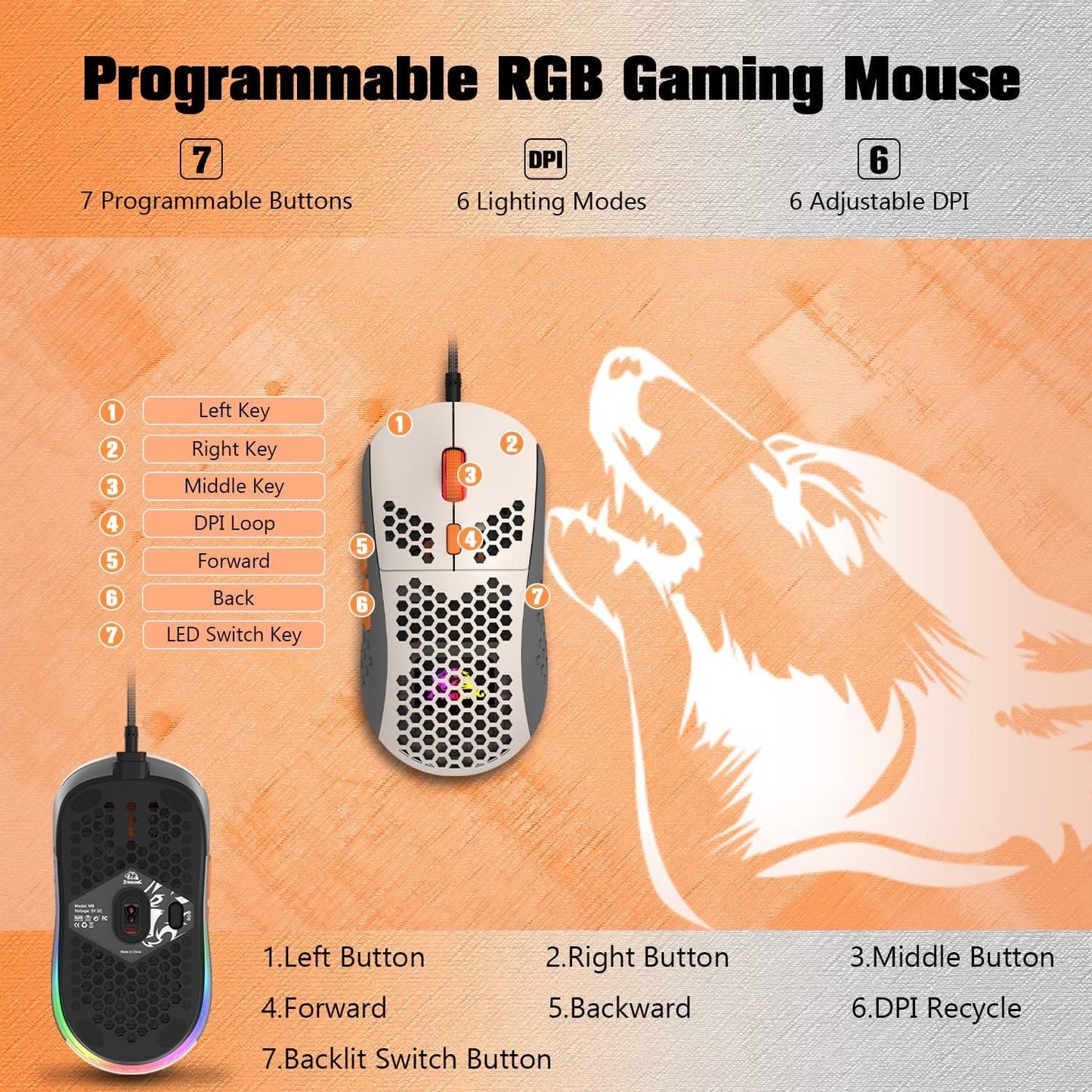 M8 LED PC Gaming Maus, ergonomische, Ultraleicht, 7 programmierbare Tasten 6400 DPI