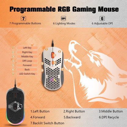 M8 LED PC Gaming Maus, ergonomische, Ultraleicht, 7 programmierbare Tasten 6400 DPI