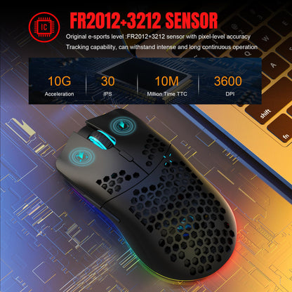 T66 PC Gaming Maus, BT/2.4G Wireless/Wired, Leicht, Macro Program, RGB Light, 650mAh Akku, 3600 DPI