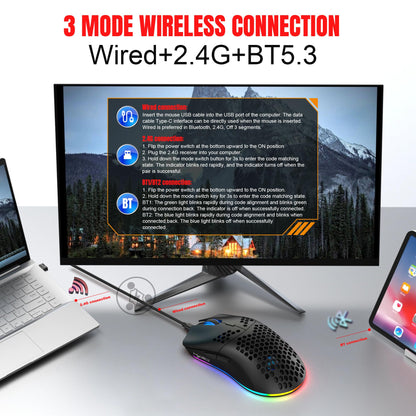 T66 PC Gaming Maus, BT/2.4G Wireless/Wired, Leicht, Macro Program, RGB Light, 650mAh Akku, 3600 DPI