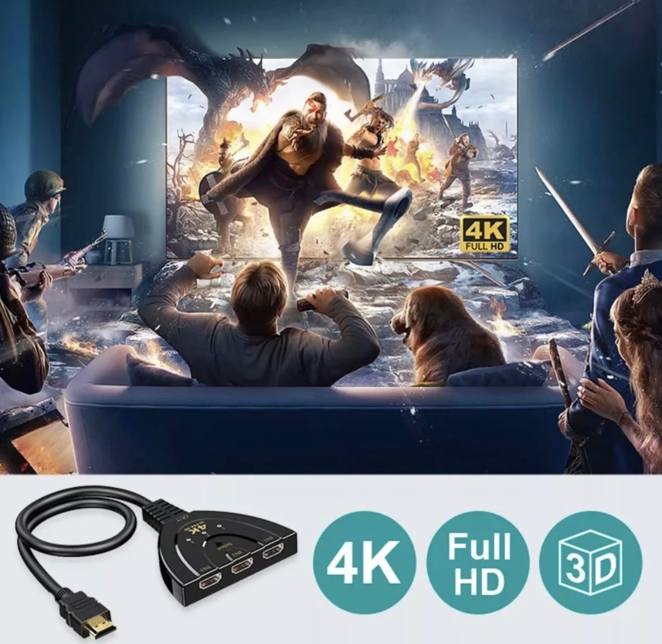 HDMI Splitter 3 in 1 Kabel Verteiler, UHD 4K, 60Hz Switch - Game-Kiosk
