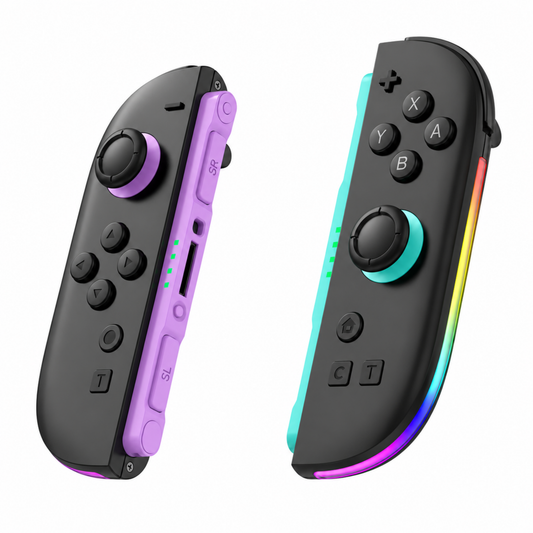 Nintendo Switch 2 Joypad Paar mit RGB-Beleuchtung in lila und grün