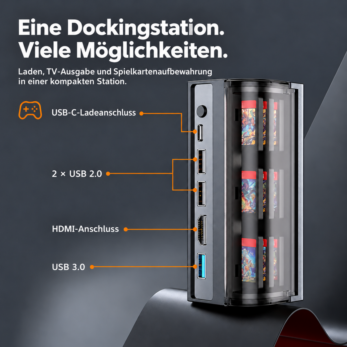 Docking Station für Nintendo Switch 2 | Switch & OLED mit 4k HDMI, USB-C, USB Hub & Spiele-Fach