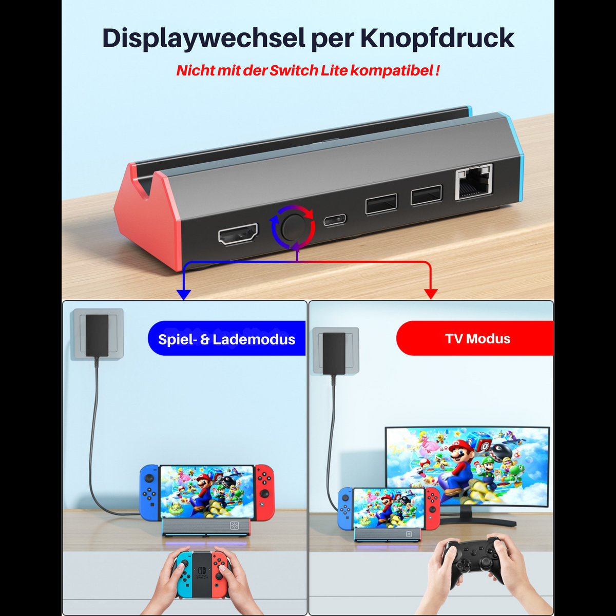 Docking Station für Nintendo Switch & OLED mit LED, LAN & 4K HDMI USB-C, 2x USB