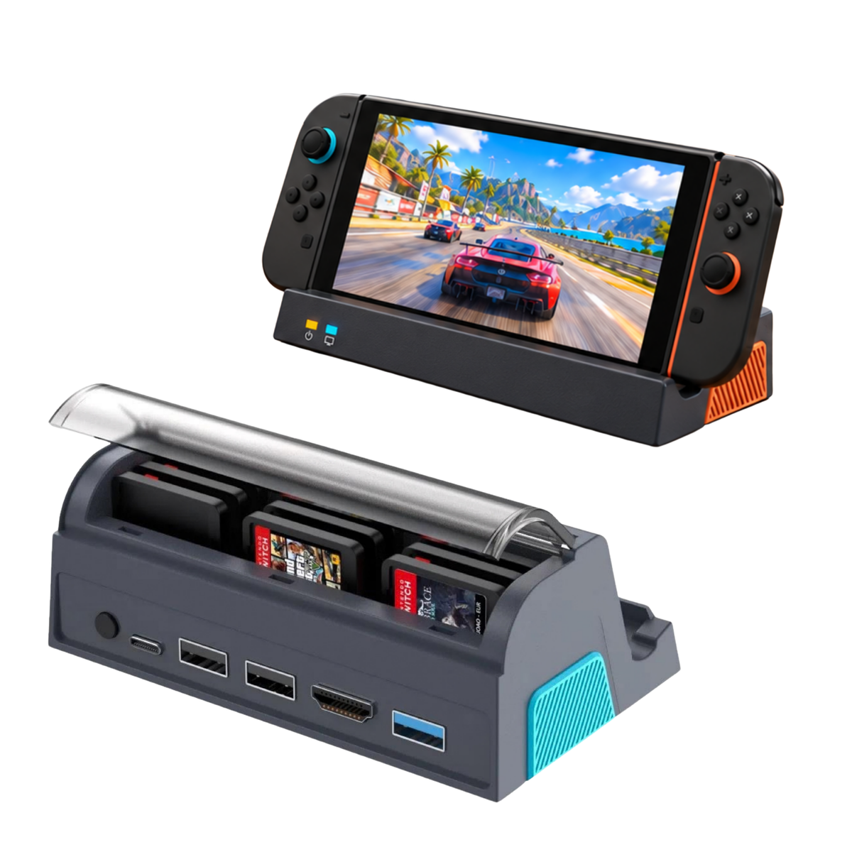 Docking Station für Nintendo Switch 2 | Switch & OLED mit 4k HDMI, USB-C, USB Hub & Spiele-Fach