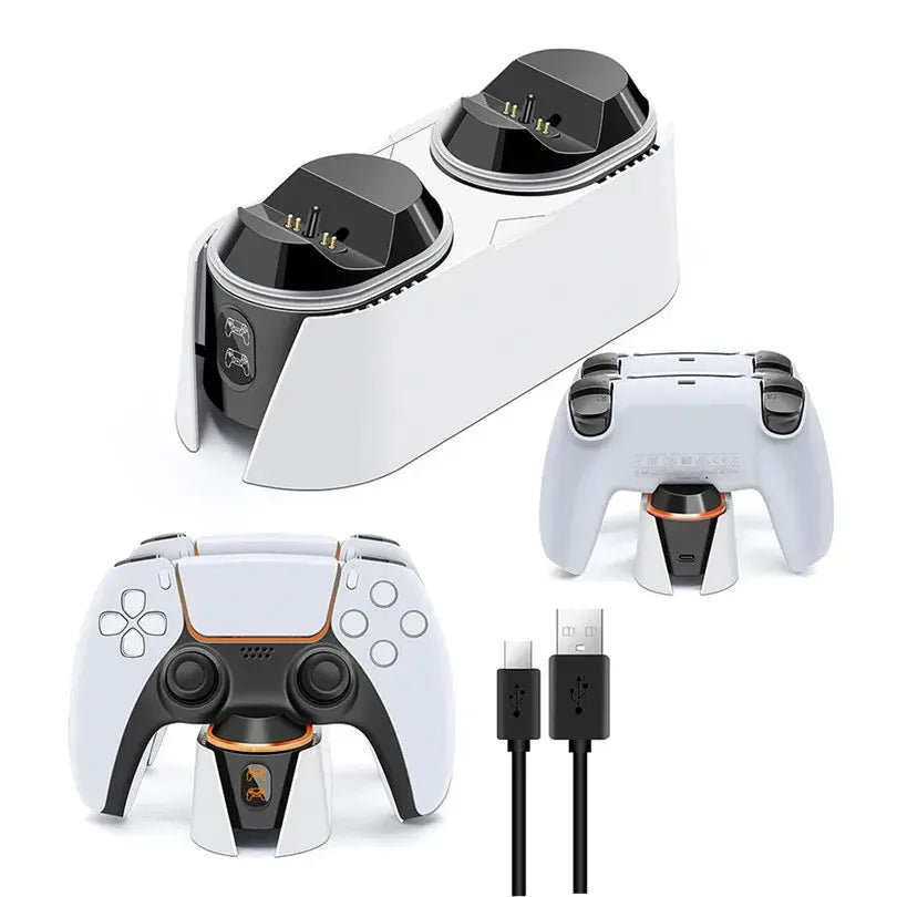 Ladestation für PlayStation 5 Controller in Weiß mit zwei Ladeschächten und USB-Kabel für schnellen Ladevorgang