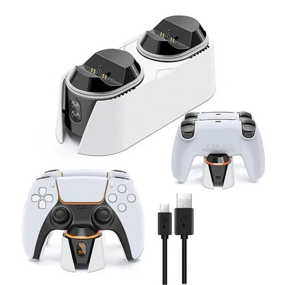 Ladestation für PlayStation 5 Controller in Weiß mit zwei Ladeschächten und USB-Kabel für schnellen Ladevorgang