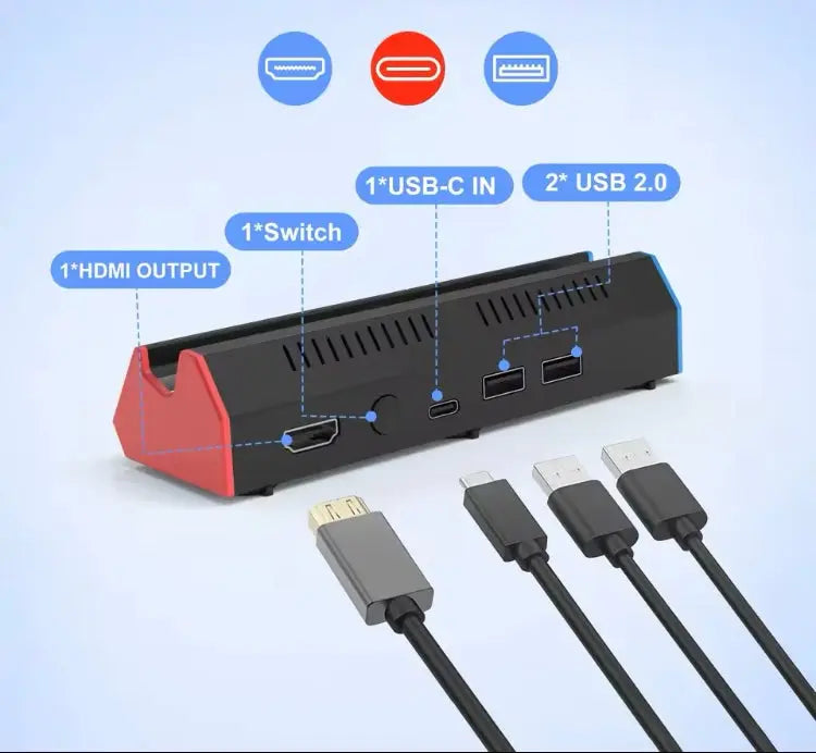 Nintendo Switch Dockingstation mit HDMI-Ausgang und mehreren USB-Anschlüssen für vielseitige Verbindungen