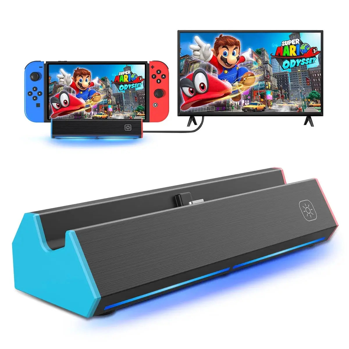 Nintendo Switch Dockingstation in Blau mit Fernseher und Mario Odyssey Gameplay im Hintergrund